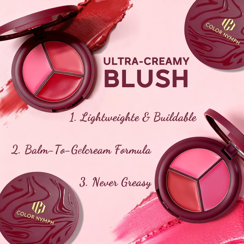 Color Nymph Blush Makeup - 3 Colors Ultra-Smoothy Cream Blush for Cheeks, Multi-Use Cream Blushes Balm & Lip Tint, Hydrating, Lightweight & Blendable Color, Face Makeup, Vegan & Cruelty-Free （#02） - Image 3